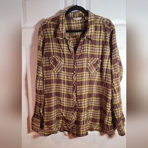Natural Reflections Lightweight Brown And Yellow Plaid Button Up Shirt 3X